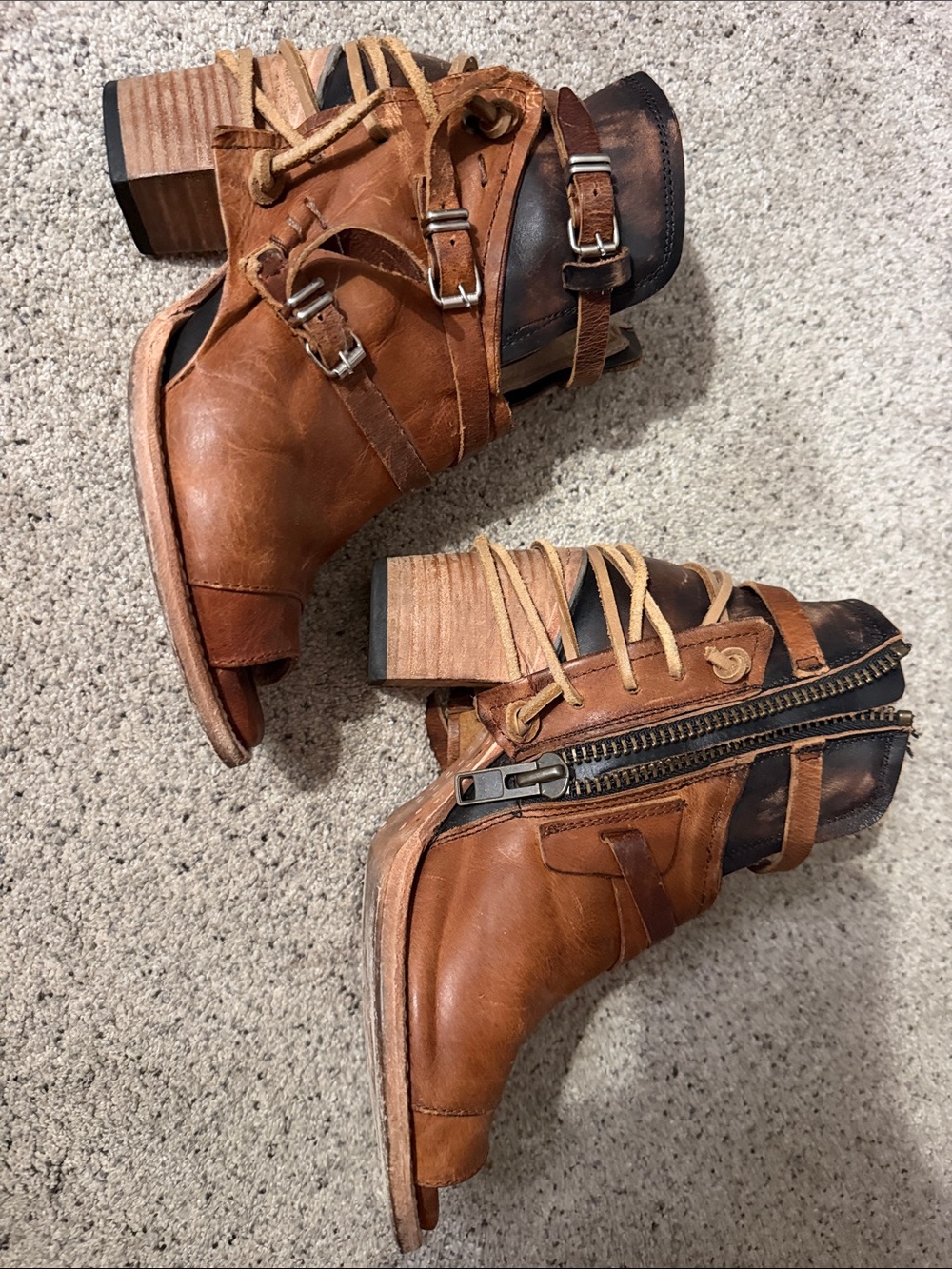 Freebird by Steven Cognac Brown Leather Lace-Up Ankle Booties with Buckles